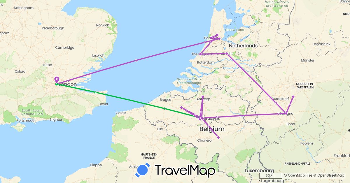 TravelMap itinerary: driving, bus, train in Belgium, Germany, United Kingdom, Netherlands (Europe)